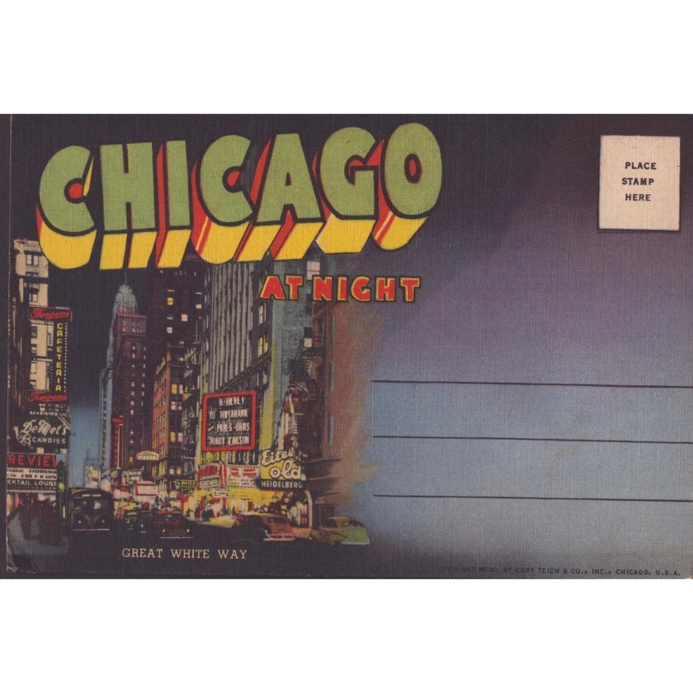 Greetings From Chicago Illinois IL Large Letter at Night Linen Postcard c1950 - Picture 2 of 2